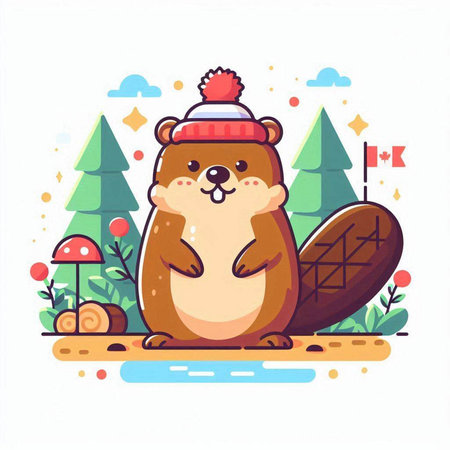Beaver in a hat and scarf on the background of nature. Vector illustration.のイラスト素材