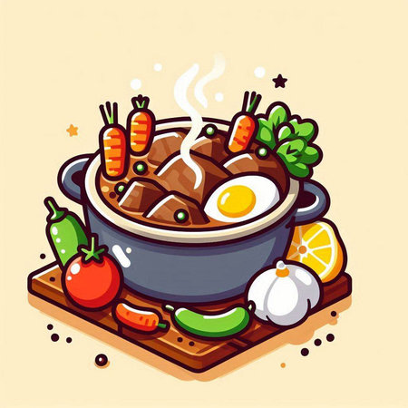 Illustration of a bowl of beef stew with vegetables and spices.のイラスト素材