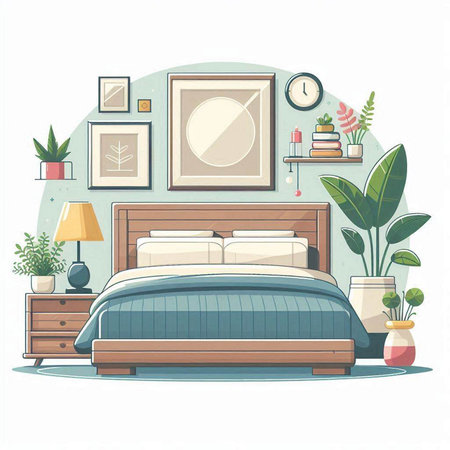Bedroom interior with furniture and plants. Vector illustration in flat styleのイラスト素材