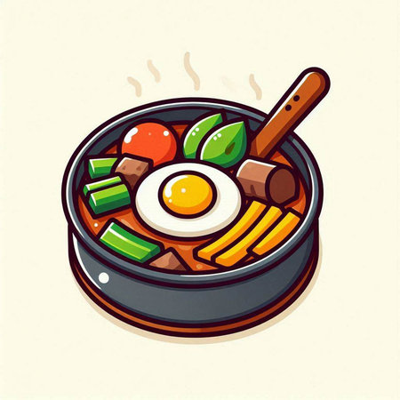 Illustration of a hot pot with fried egg and vegetables on a white backgroundのイラスト素材