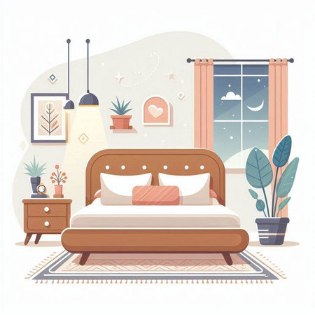 Bedroom interior. Bedroom in flat style. Vector illustration.のイラスト素材