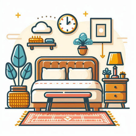 Vector illustration of a cozy bedroom with a bed, a lamp, a coffee table, a potted plant and a clock.のイラスト素材