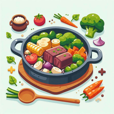 Vegetable stew in a pan with vegetables. Vector illustration.のイラスト素材