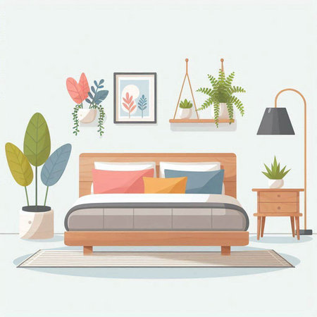 Vector illustration of modern bedroom interior in flat style. Comfortable bed with pillows, potted plants, lamp, vase.のイラスト素材