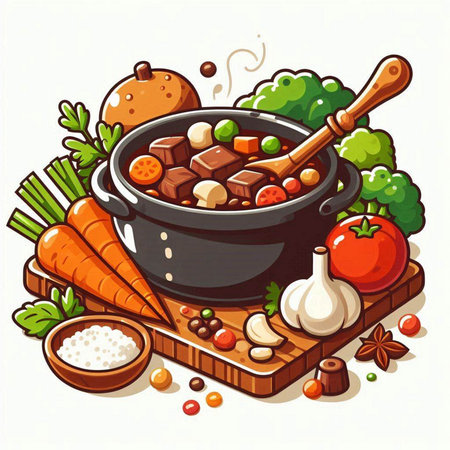 Illustration of a cooking pot full of meat, vegetables and spicesのイラスト素材