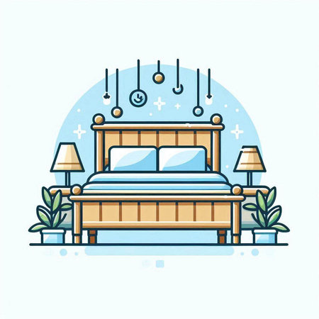 Vector illustration of a bedroom with a double bed, lamps and plantsのイラスト素材