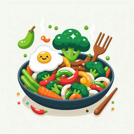 Fried egg with vegetables in a frying pan. Vector illustration.のイラスト素材