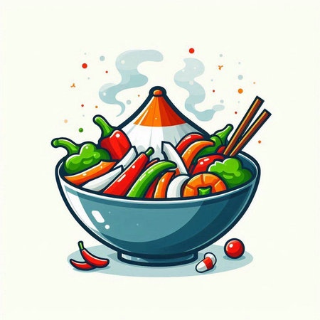Illustration of a bowl with vegetables and spicy sauce on a white backgroundのイラスト素材