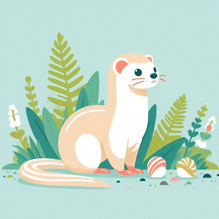 Cute ferret with eggs in the garden. Vector illustration.のイラスト素材