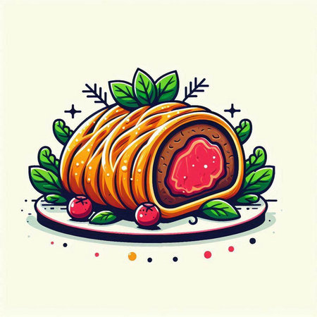 Apple strudel with berries and mint leaves. Vector illustration.のイラスト素材