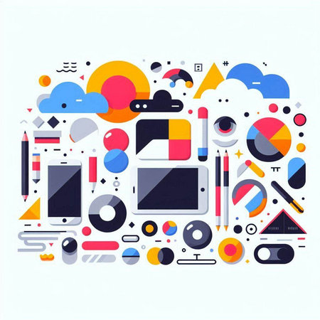 Colorful illustration in the form of a stylized image of various objectsのイラスト素材