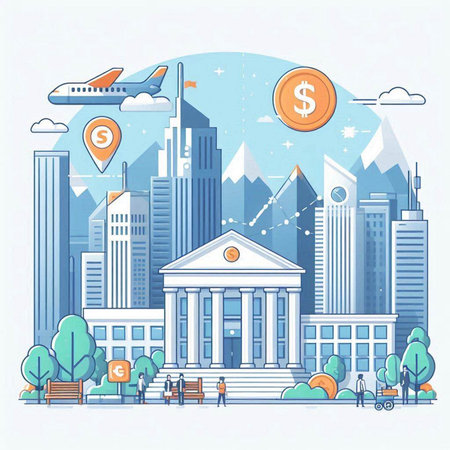 Flat design modern vector illustration concept of business and finance. City landscape with buildings, skyscrapers, business centers, office buildings, bus, train and people.のイラスト素材