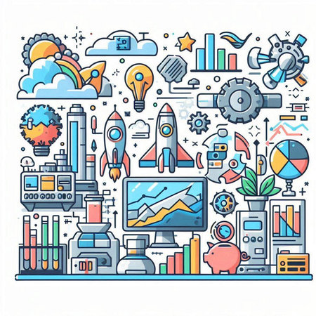 Vector line art illustration of start up concept with icons, elements and symbols on white backgroundのイラスト素材