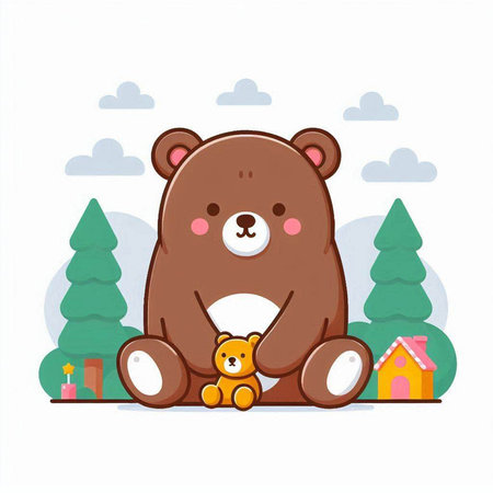 Cute cartoon bear sitting on the ground in the forest. Vector illustrationのイラスト素材