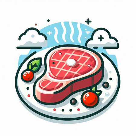 Steak with cherry on a plate. Vector illustration in cartoon style.のイラスト素材