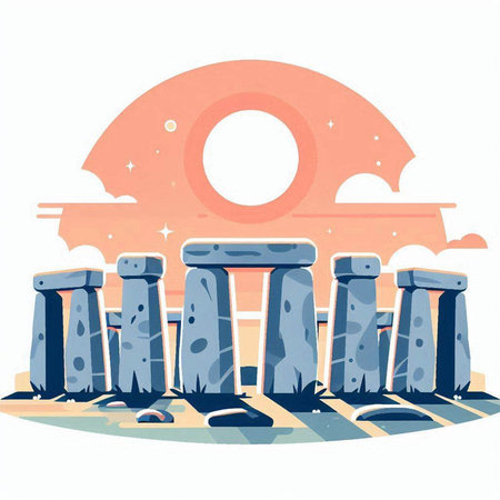 Stonehenge in flat style. Stonehenge at sunset. Vector illustration.のイラスト素材