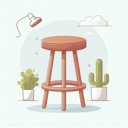 Wooden stool and cactus. Vector illustration in flat style.のイラスト素材