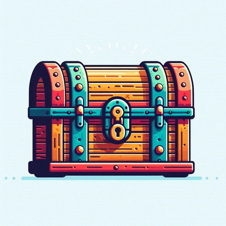 Vector illustration of a treasure chest in cartoon style on blue background.のイラスト素材