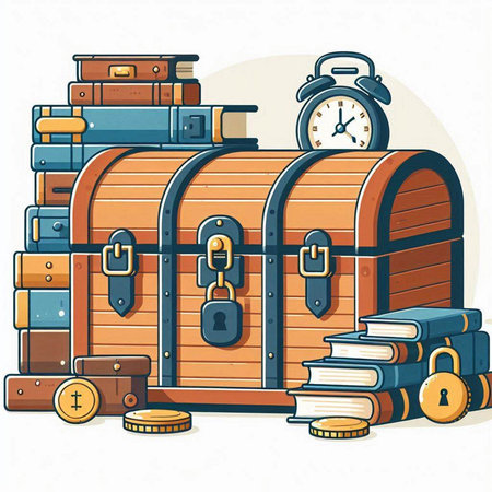 Treasure chest with books and alarm clock. Vector illustration in cartoon style.のイラスト素材