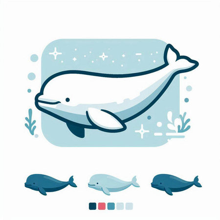 Vector illustration of a cute cartoon whale on a blue background with seaweed.のイラスト素材