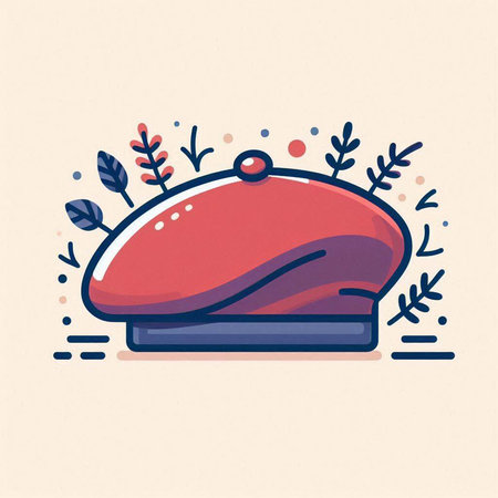 Vector illustration of beret in doodle style on beige background.のイラスト素材