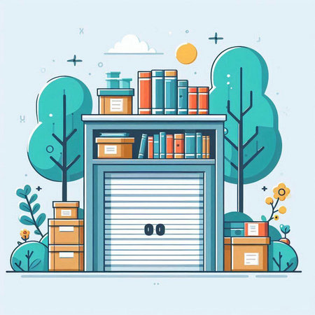 Vector illustration of a bookcase with books and folders in the forestのイラスト素材