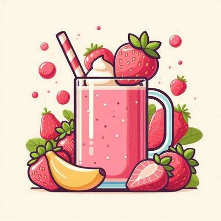 Strawberry smoothie in a glass with a straw. Vector illustration.のイラスト素材