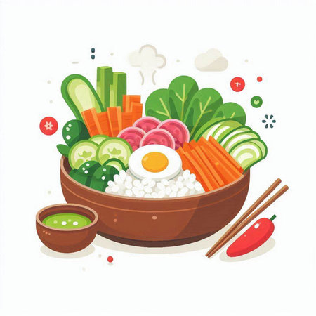 Bowl of rice with vegetables and egg on white background. Vector illustration.のイラスト素材