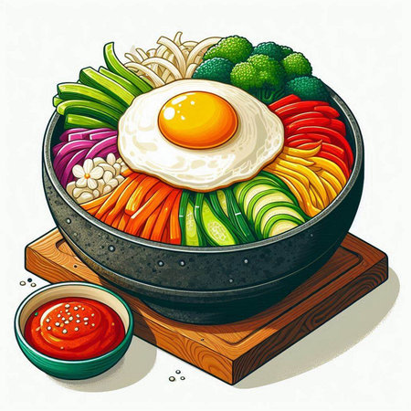 Illustration of a bowl of udon noodles with egg and vegetablesのイラスト素材