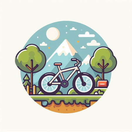 Bicycle in the forest. Vector illustration. Flat design style.のイラスト素材