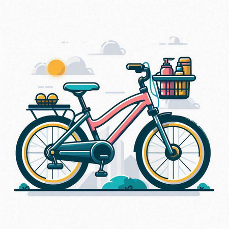 Bicycle and picnic basket. Vector illustration in flat design style.のイラスト素材