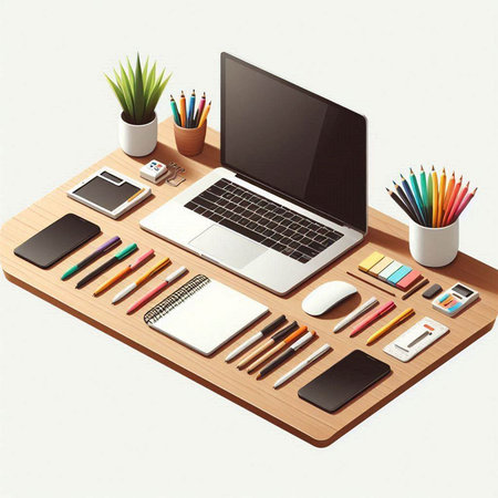 Top view of modern workplace with laptop, mobile phone and office supplies. 3D renderingのイラスト素材