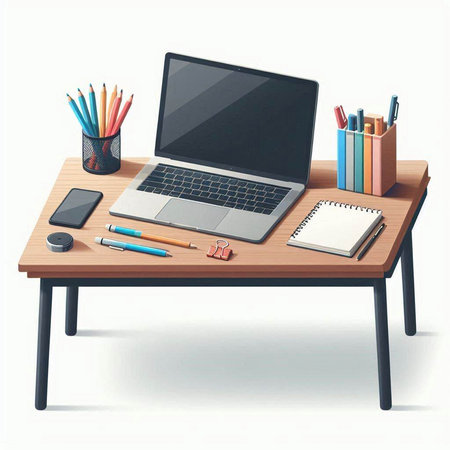 Wooden desk with laptop, smartphone and stationery. Vector illustrationのイラスト素材