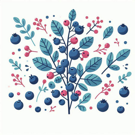 Vector illustration of blueberry branch with berries, leaves and berries.のイラスト素材