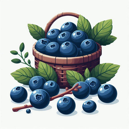 Basket of blueberries with leaves and berries. Vector illustration.のイラスト素材