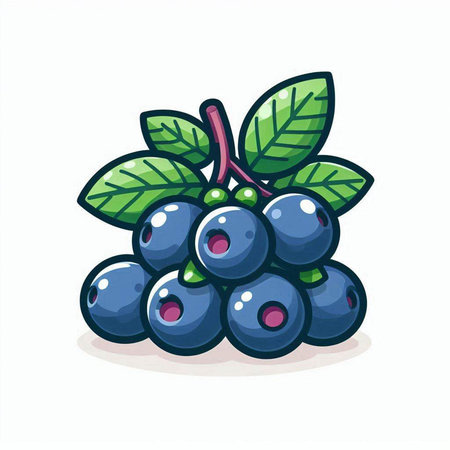 Bunch of ripe blueberries with green leaves. Vector illustration.のイラスト素材