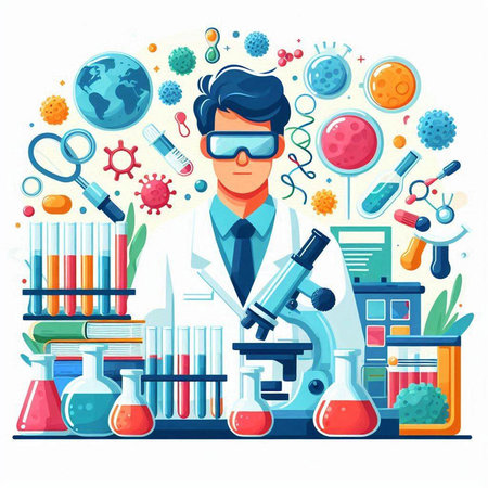 Scientist with microscope and laboratory equipment. Vector illustration in flat styleのイラスト素材