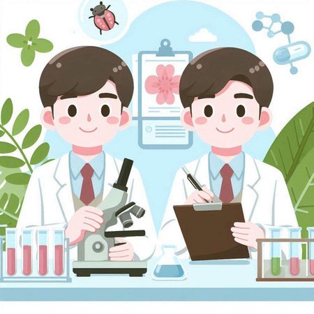 Illustration of a male scientist and a male researcher working in a laboratoryのイラスト素材