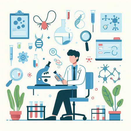 Scientist working in laboratory. Vector illustration in flat design style.のイラスト素材