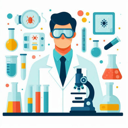 Scientist with microscope in laboratory. Vector illustration in flat style.のイラスト素材