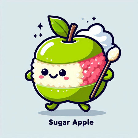 Illustration of Cute Cartoon Green Apple with Sushi Roll.のイラスト素材