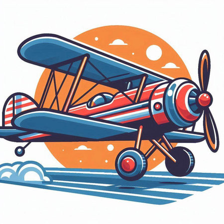 Airplane on the background of the sun. Vector illustration in retro style.のイラスト素材