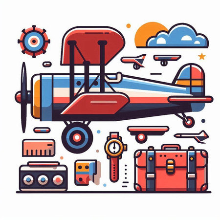 Airplane and luggage on white background. Vector illustration in flat style.のイラスト素材