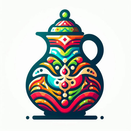Hand drawn vector illustration of a jug with colorful ornament on a white background.のイラスト素材