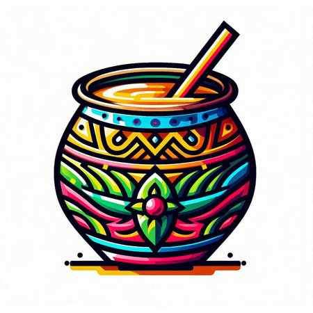 Colorful vector illustration of a decorative pot with a straw and a flowerのイラスト素材