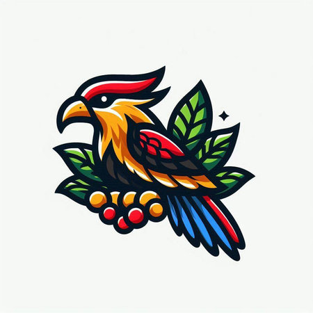 Colorful rooster with a branch of rowan. Vector illustration.のイラスト素材