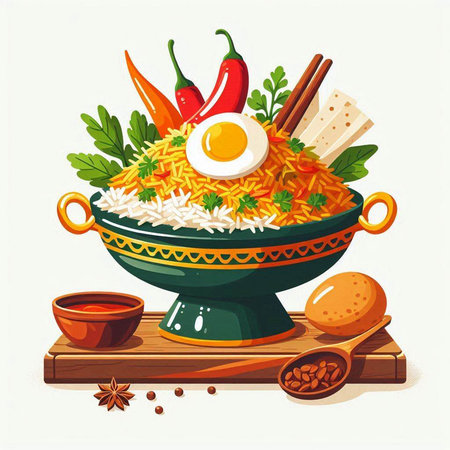 Illustration of a bowl of rice with vegetables and a fried eggのイラスト素材
