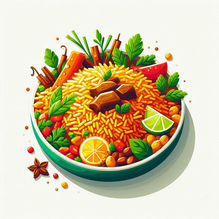 Illustration of a bowl of pilaf with vegetables and spices.のイラスト素材