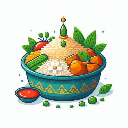Rice in a bowl with green leaves and ketchup. Vector illustration.のイラスト素材