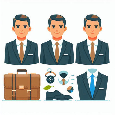 Businessman with briefcase, briefcase and other accessories. Vector illustration.のイラスト素材